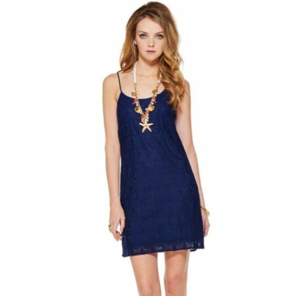 Lilly Pulitzer Dellaria Dress True Navy Paisley Drop Knit Lace Shift Sz Large